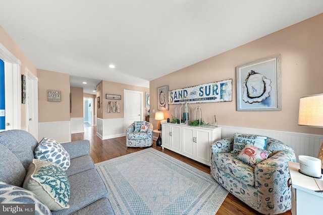38 N 10th St, Surf City, NJ 08008 - living room featuring wainscoting, dark wood-type flooring, and recessed lighting