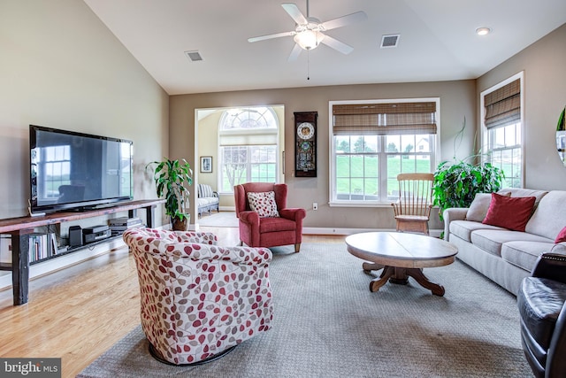 137 Settlers Way, Boalsburg, PA 16827 - living room featuring a ceiling fan, vaulted ceiling, and light wood-style floors
