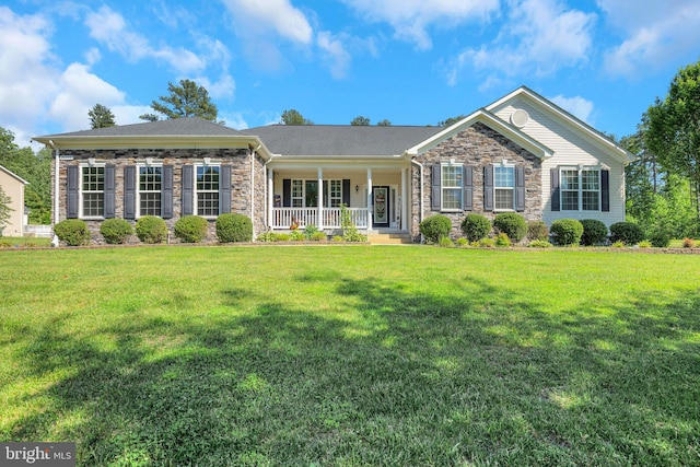 26248 Tranquility View Ct, Mechanicsville, MD 20659 - view of front facade with stone siding, covered porch, and a front yard