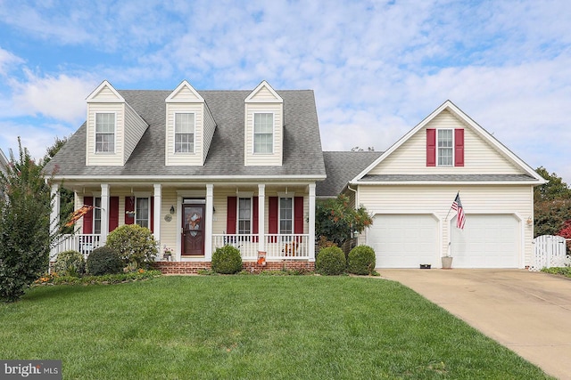 128 Trunk Dr, Stephens City, VA 22655 - cape cod home with covered porch, driveway, a front yard, a garage, and roof with shingles