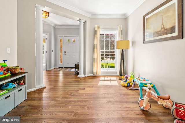 1209 Stevenage Ct, Abingdon, MD 21009 - foyer entrance featuring ornate columns, hardwood / wood-style flooring, ornamental molding, and baseboards