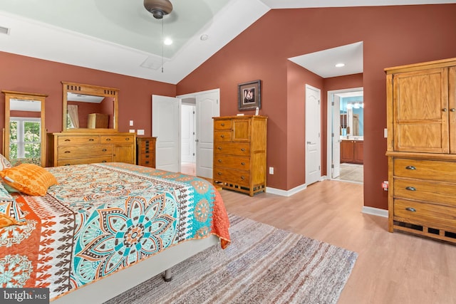 1209 Stevenage Ct, Abingdon, MD 21009 - bedroom featuring attic access, light wood-type flooring, baseboards, ensuite bath, and ceiling fan