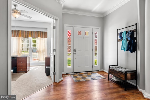 1209 Stevenage Ct, Abingdon, MD 21009 - entrance foyer with a ceiling fan, hardwood / wood-style floors, ornamental molding, and baseboards