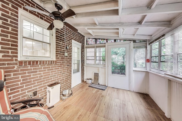 4208 Longfellow St, Hyattsville, MD 20781 - unfurnished sunroom with brick wall, wood finished floors, beamed ceiling, and coffered ceiling