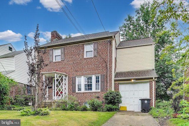 4208 Longfellow St, Hyattsville, MD 20781 - view of front of house featuring brick siding, an attached garage, a front lawn, a chimney, and driveway