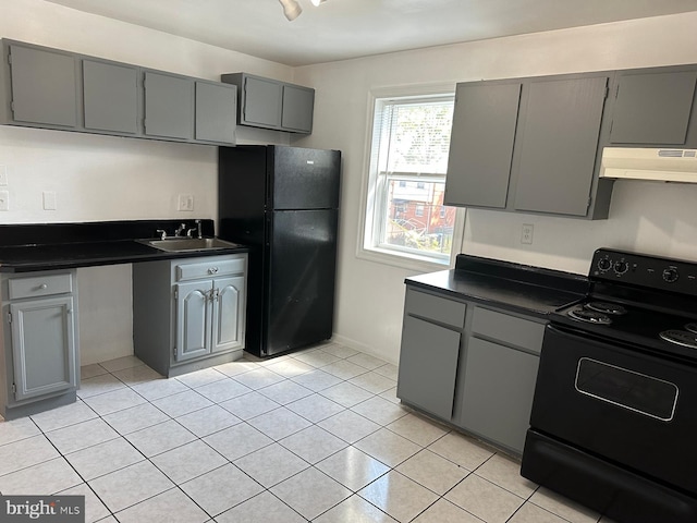 120 Danbury St SW Unit 120-C, Washington, DC 20032 - kitchen with black appliances, dark countertops, under cabinet range hood, gray cabinetry, and a sink