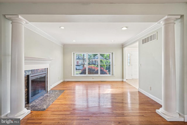 508 Weeks Ave, Riverside, NJ 08075 - unfurnished living room with ornamental molding, wood finished floors, baseboards, a fireplace, and recessed lighting
