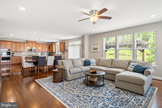 409 Pear Blossom Rd, Stafford, VA 22554 - living area with dark wood finished floors, a ceiling fan, and recessed lighting