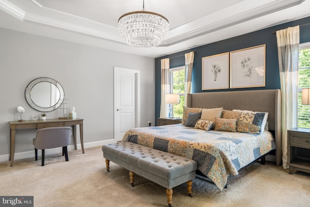 409 Pear Blossom Rd, Stafford, VA 22554 - bedroom with a chandelier, a tray ceiling, light colored carpet, and baseboards
