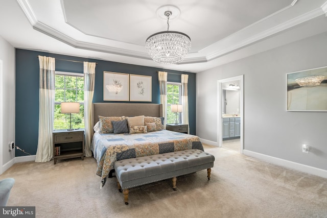 409 Pear Blossom Rd, Stafford, VA 22554 - bedroom featuring a raised ceiling, a chandelier, multiple windows, light carpet, and ornamental molding