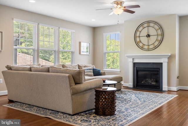 409 Pear Blossom Rd, Stafford, VA 22554 - living room featuring ceiling fan, wood finished floors, recessed lighting, baseboards, and a fireplace with flush hearth