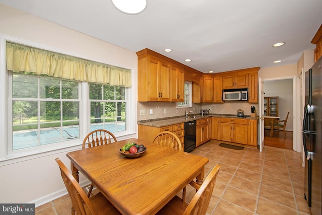 108 Holiday St, Mount Laurel, NJ 08054 - kitchen featuring black appliances, decorative backsplash, light tile patterned flooring, recessed lighting, and a sink