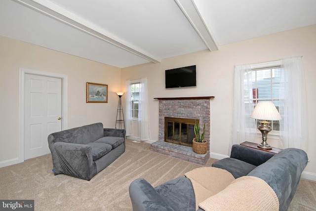 108 Holiday St, Mount Laurel, NJ 08054 - carpeted living area featuring beamed ceiling, a fireplace, and baseboards