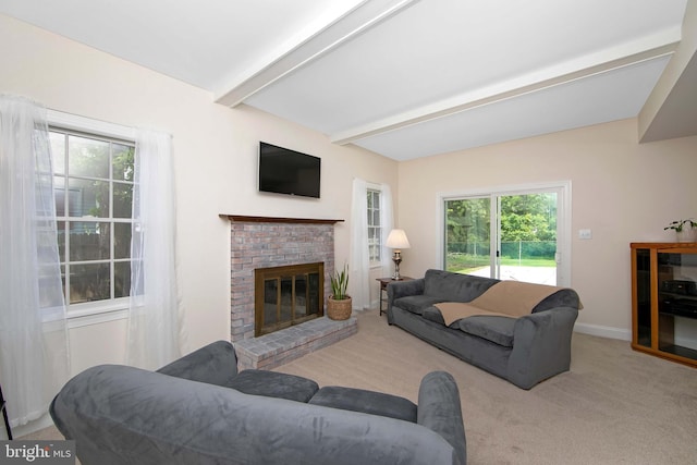 108 Holiday St, Mount Laurel, NJ 08054 - living area featuring beam ceiling, carpet, a fireplace, and baseboards