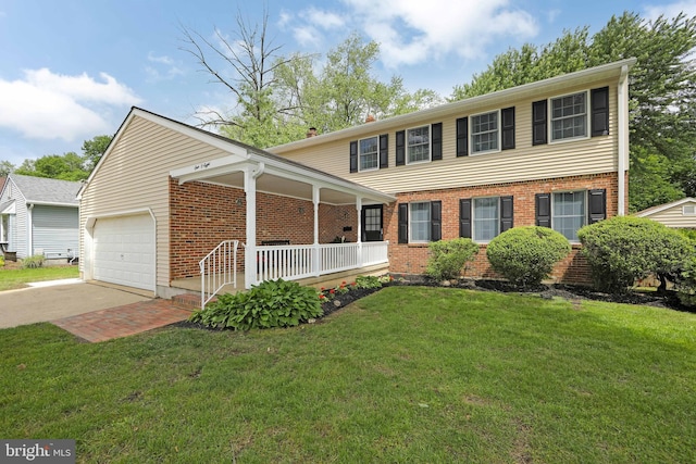 108 Holiday St, Mount Laurel, NJ 08054 - view of front of property featuring a porch, brick siding, a garage, a front yard, and concrete driveway