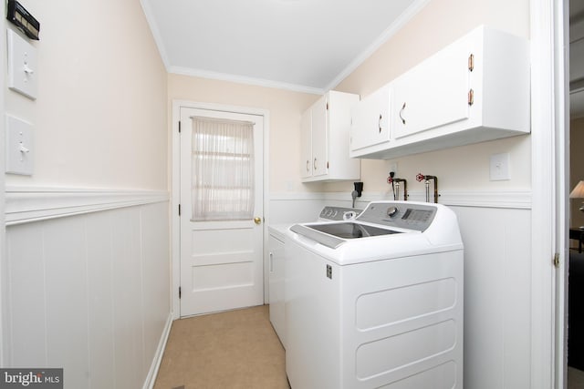 108 Holiday St, Mount Laurel, NJ 08054 - washroom featuring cabinet space, washing machine and dryer, crown molding, a wainscoted wall, and a decorative wall
