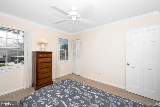 108 Holiday St, Mount Laurel, NJ 08054 - bedroom with carpet, ornamental molding, baseboards, a ceiling fan, and a closet