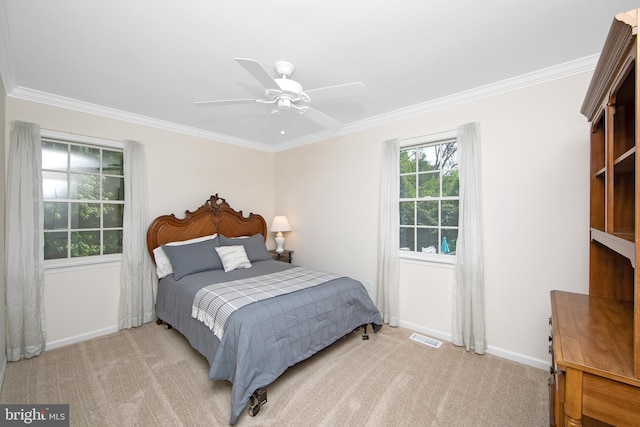 108 Holiday St, Mount Laurel, NJ 08054 - bedroom featuring ornamental molding, baseboards, light colored carpet, and ceiling fan