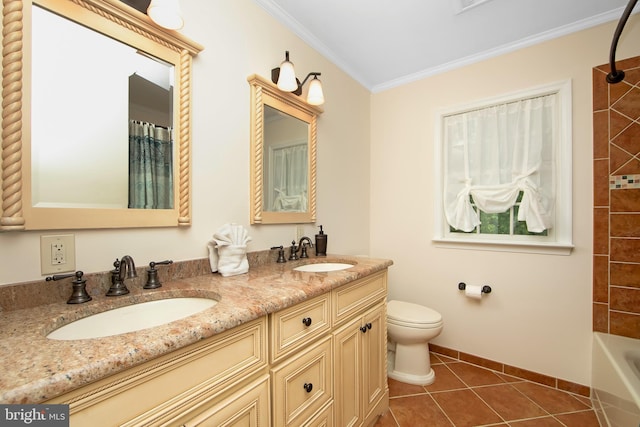 108 Holiday St, Mount Laurel, NJ 08054 - bathroom featuring double vanity, toilet, tile patterned flooring, crown molding, and baseboards
