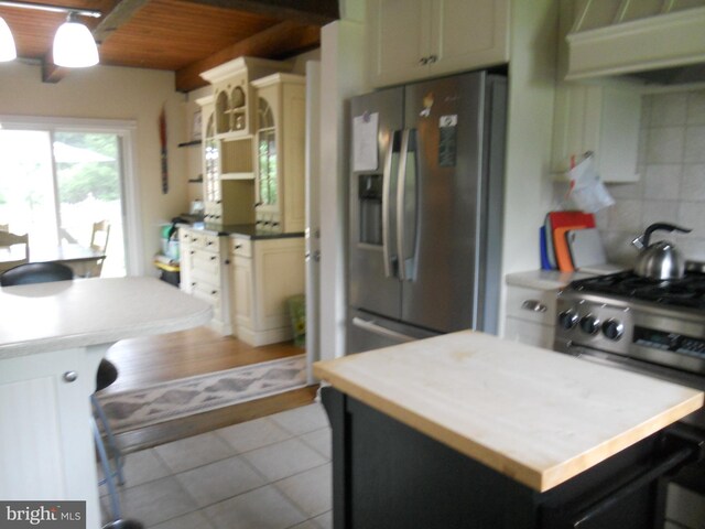 22 Hart Ln, Sewell, NJ 08080 - kitchen featuring stainless steel appliances, extractor fan, decorative backsplash, wood ceiling, and a kitchen island