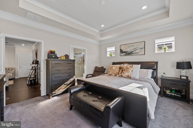 4387 Shakespeare Cir, White Plains, MD 20695 - bedroom with recessed lighting, ornamental molding, carpet floors, a raised ceiling, and ensuite bath