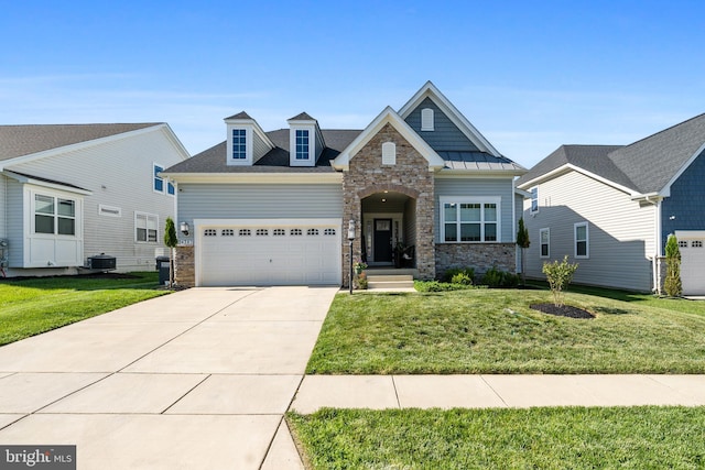 4387 Shakespeare Cir, White Plains, MD 20695 - craftsman inspired home featuring stone siding, an attached garage, concrete driveway, a front lawn, and central AC unit
