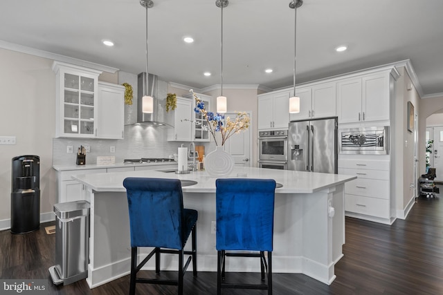4387 Shakespeare Cir, White Plains, MD 20695 - kitchen with appliances with stainless steel finishes, wall chimney range hood, ornamental molding, a sink, and tasteful backsplash