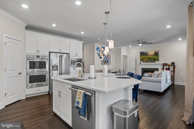4387 Shakespeare Cir, White Plains, MD 20695 - kitchen featuring appliances with stainless steel finishes, ornamental molding, a sink, open floor plan, and a ceiling fan