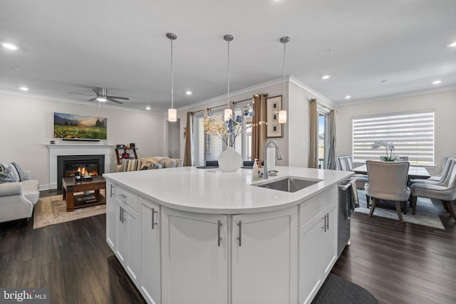 4387 Shakespeare Cir, White Plains, MD 20695 - kitchen featuring a sink, ornamental molding, open floor plan, healthy amount of natural light, and ceiling fan