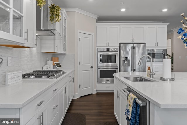 4387 Shakespeare Cir, White Plains, MD 20695 - kitchen featuring a sink, ornamental molding, stainless steel appliances, wall chimney exhaust hood, and white cabinets