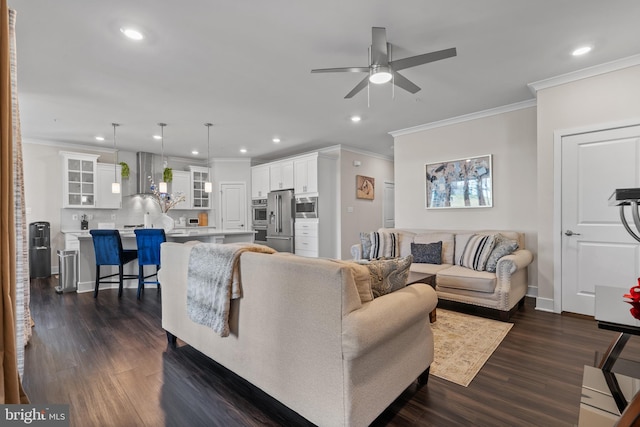 4387 Shakespeare Cir, White Plains, MD 20695 - living room featuring ornamental molding, ceiling fan, dark wood-type flooring, recessed lighting, and baseboards