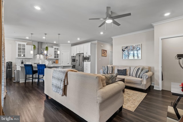 4387 Shakespeare Cir, White Plains, MD 20695 - living area featuring ceiling fan, crown molding, recessed lighting, dark wood-type flooring, and baseboards
