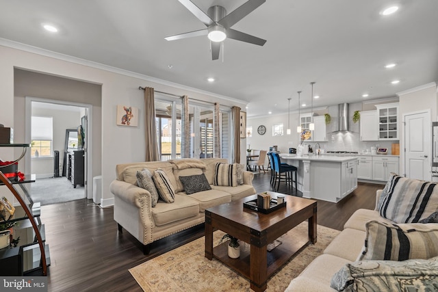 4387 Shakespeare Cir, White Plains, MD 20695 - living room with ornamental molding, a ceiling fan, recessed lighting, dark wood-type flooring, and baseboards