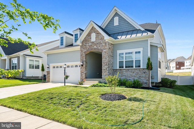 4387 Shakespeare Cir, White Plains, MD 20695 - craftsman inspired home with stone siding, concrete driveway, a garage, a standing seam roof, and metal roof
