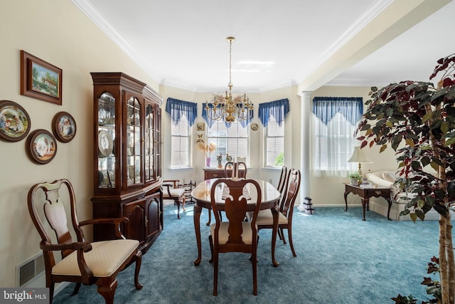 4 Forest Lake Ct, Barnegat, NJ 08005 - dining space featuring crown molding, a chandelier, dark colored carpet, healthy amount of natural light, and baseboards