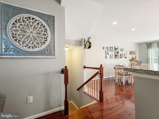 110 Fritillary Ct, Lake Frederick, VA 22630 - hallway featuring an upstairs landing, dark wood finished floors, recessed lighting, and baseboards