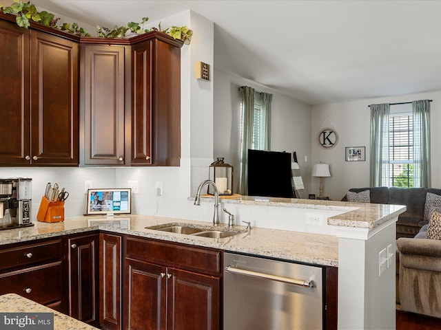 110 Fritillary Ct, Lake Frederick, VA 22630 - kitchen featuring stainless steel dishwasher, a sink, open floor plan, a peninsula, and light stone countertops