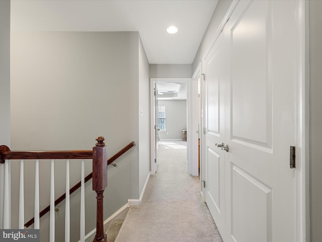 110 Fritillary Ct, Lake Frederick, VA 22630 - corridor with an upstairs landing, light colored carpet, baseboards, and recessed lighting
