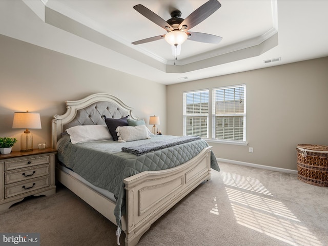 110 Fritillary Ct, Lake Frederick, VA 22630 - bedroom with a tray ceiling, crown molding, light carpet, baseboards, and a ceiling fan