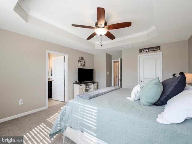 110 Fritillary Ct, Lake Frederick, VA 22630 - bedroom with a tray ceiling, light colored carpet, ornamental molding, a ceiling fan, and baseboards