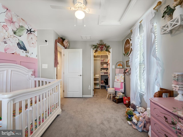 110 Fritillary Ct, Lake Frederick, VA 22630 - bedroom featuring light carpet, a spacious closet, a closet, ceiling fan, and attic access