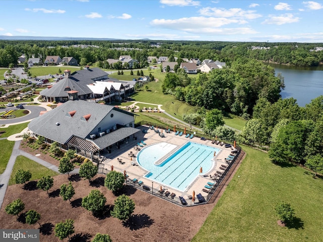 110 Fritillary Ct, Lake Frederick, VA 22630 - bird's eye view of a pool area and a nearby body of water