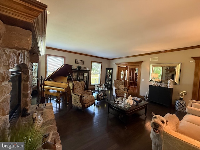 12534 Fawn Dr, Laurel, DE 19956 - living area with wood finished floors, a fireplace, and crown molding