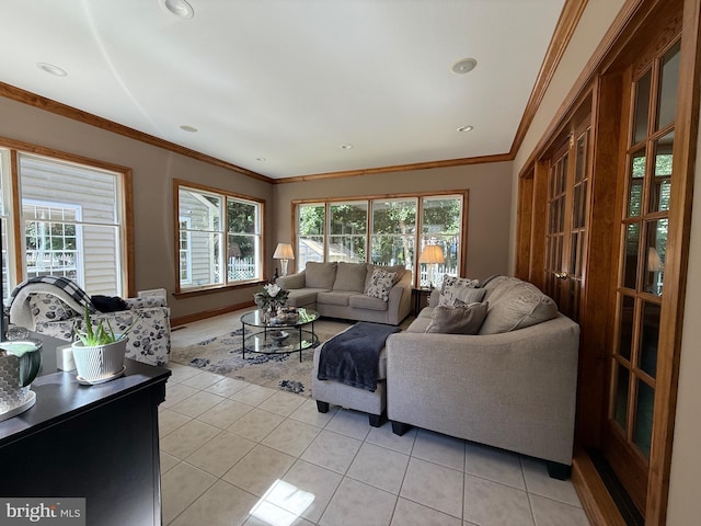 12534 Fawn Dr, Laurel, DE 19956 - living room featuring light tile patterned floors, ornamental molding, and recessed lighting
