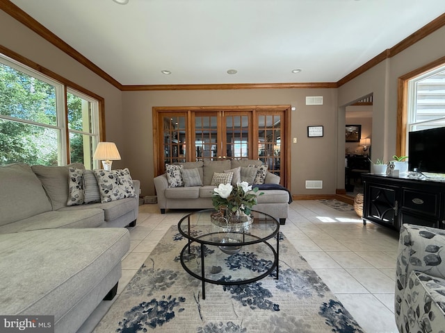 12534 Fawn Dr, Laurel, DE 19956 - living area featuring light tile patterned floors, ornamental molding, and recessed lighting