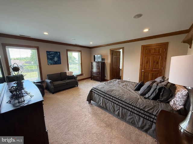 12534 Fawn Dr, Laurel, DE 19956 - bedroom featuring ornamental molding, light carpet, multiple windows, and recessed lighting