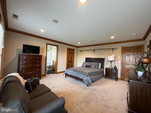 12534 Fawn Dr, Laurel, DE 19956 - bedroom with recessed lighting, light colored carpet, crown molding, and ensuite bath