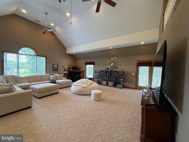 12534 Fawn Dr, Laurel, DE 19956 - carpeted living area featuring ceiling fan, high vaulted ceiling, recessed lighting, and healthy amount of natural light