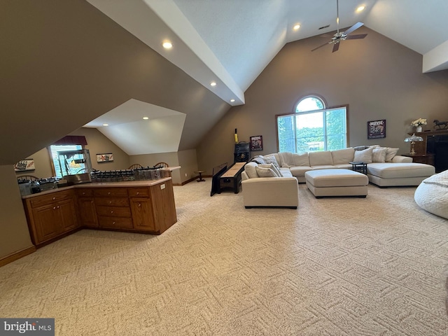 12534 Fawn Dr, Laurel, DE 19956 - living room with lofted ceiling, plenty of natural light, light carpet, ceiling fan, and recessed lighting