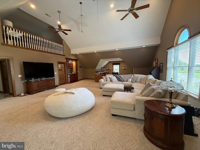 12534 Fawn Dr, Laurel, DE 19956 - carpeted living area featuring ceiling fan, high vaulted ceiling, and recessed lighting